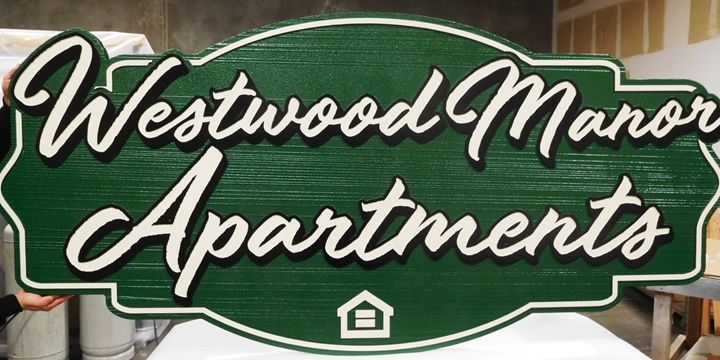 K20348 - Carved HDU Entrance Sign  for the "Westwood Manor Apartments:,  with Wood Grain Sandblasted Background