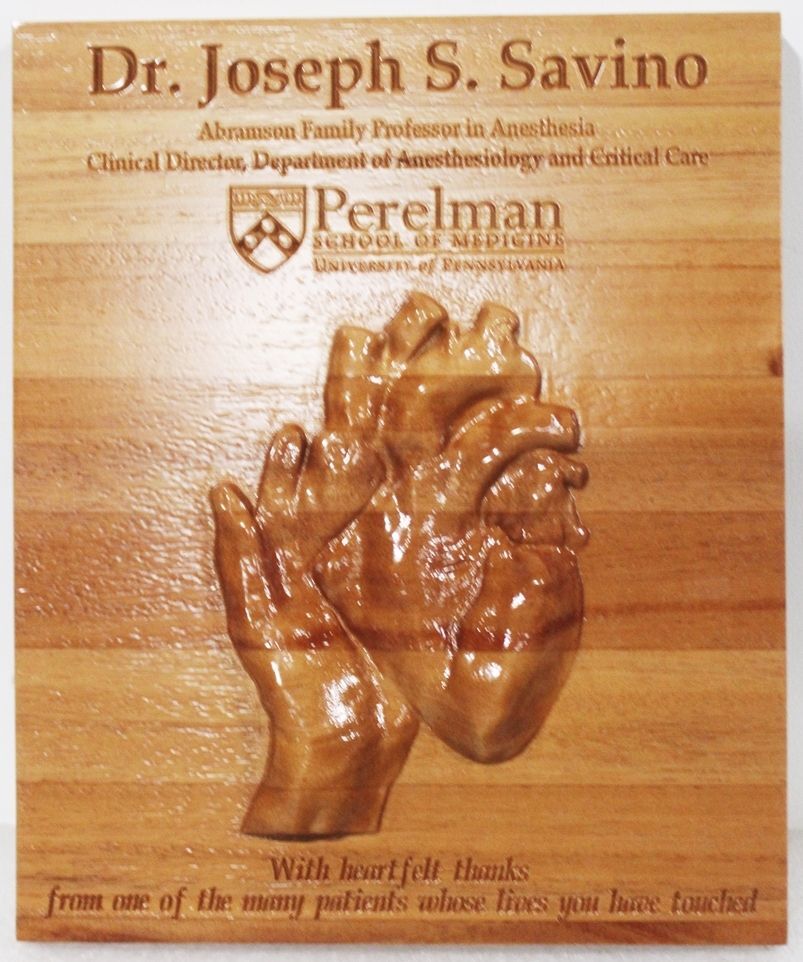 B11106 - A Carved  3-D Bas Relief Wood Plaque  Honoring Dr. Joseph S. Savino, ,  Perelman School of Medicine, University of Pennsylvania