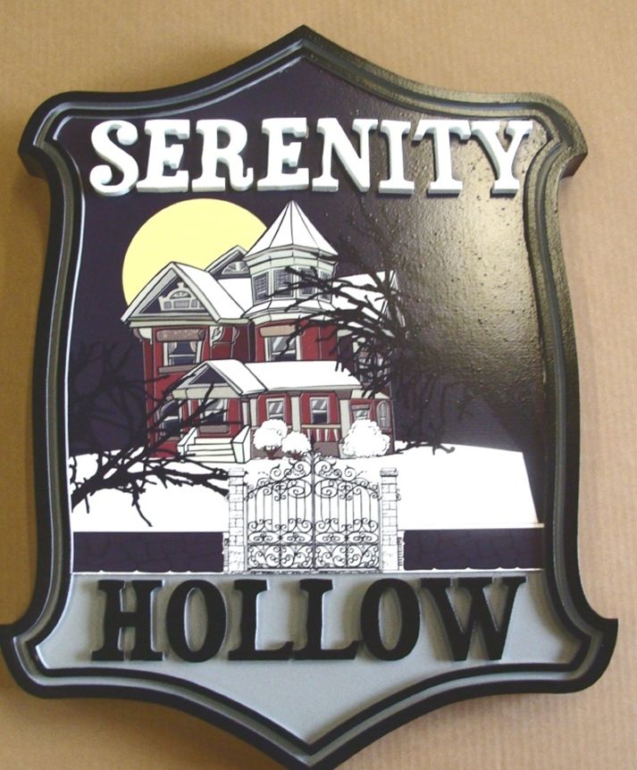 I18766 - Residence Name Sign "Sernity Hollow",  with Old Mansion as Artwork 