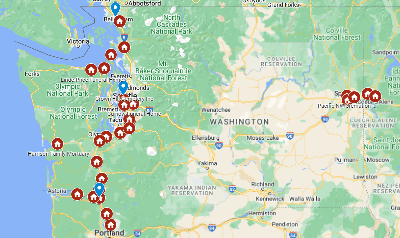 Map of WA with contracted funeral home locations marked