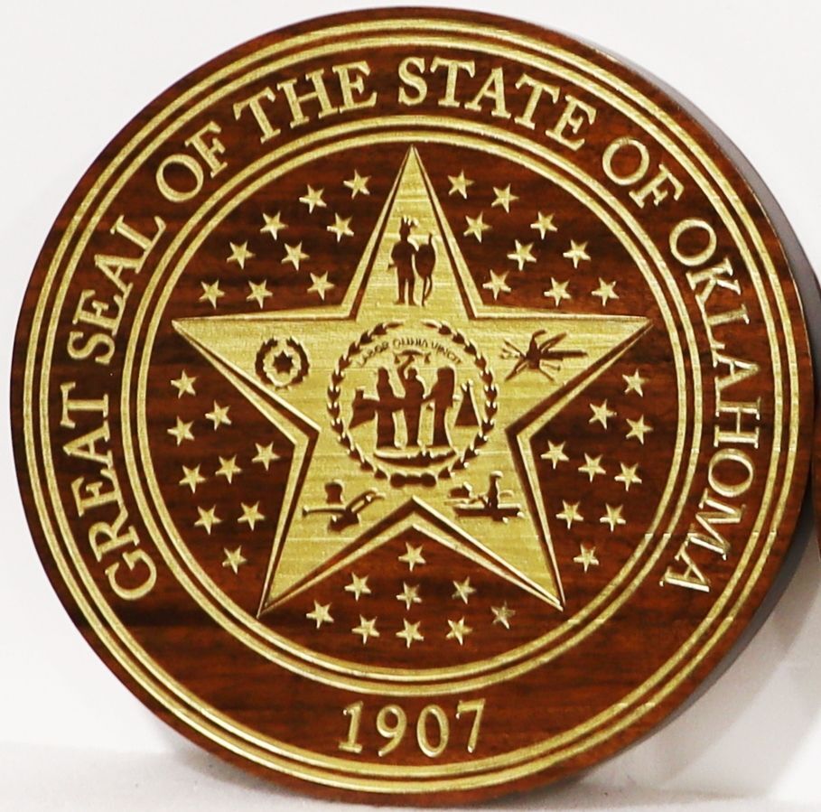 BP-1457A- Engraved  Mahogany Wood Plaque of the Great Seal of the State of Oklahoma with Light Brass Painted Engraved Areas