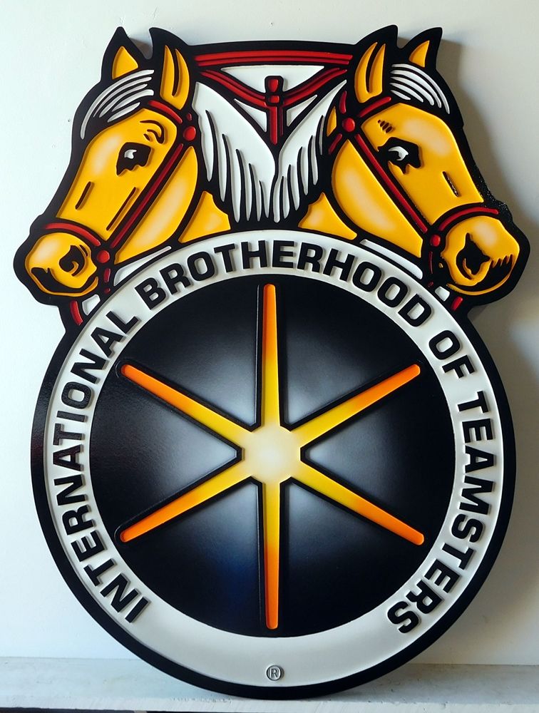 Z35334 -  Carved Wall Plaque of the emblem/logo for the International Brotherhood of Teamsters, with Two Horse's Heads as Artwork  