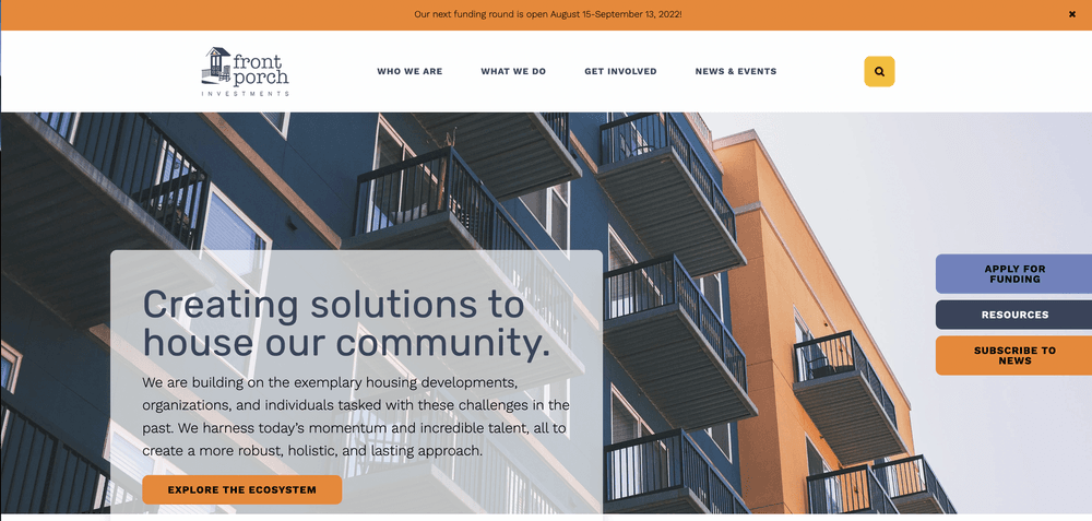 A screenshot of the front page of the Front Porch Investments website