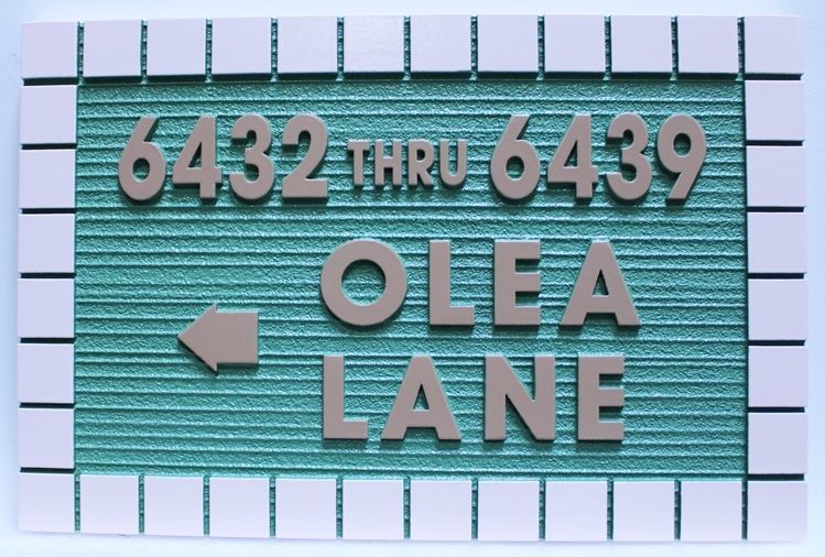 I18852 - Carved 2.5-D Raised Relief Sandblasted Wood Grain High-Density-Urethane (HDU)  Property Address  Sign "Olea Lane"