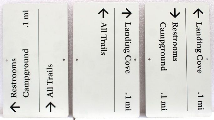 G16156A - Carved Directional Signs for "Landing Cove, Restrooms, Campground, All Trails"