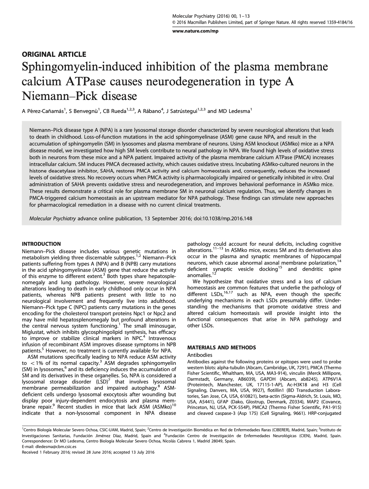 Sphingomyelin-induced inhibition of the plasma membrane calcium ATPase causes neurodegeneration in type A Niemann–Pick disease