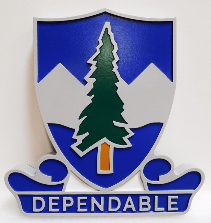MP-2074 - Carved Plaque of the  Crest of United States Army  383rd Regiment Unit  with Slogan " Dependable", Artist-Painted