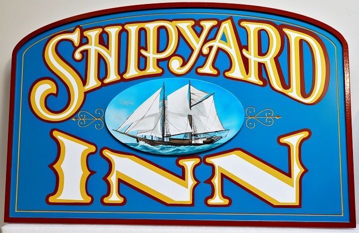 T29020A - Carved HDU Entrance Sign for "Shipyard Inn" with Artwork