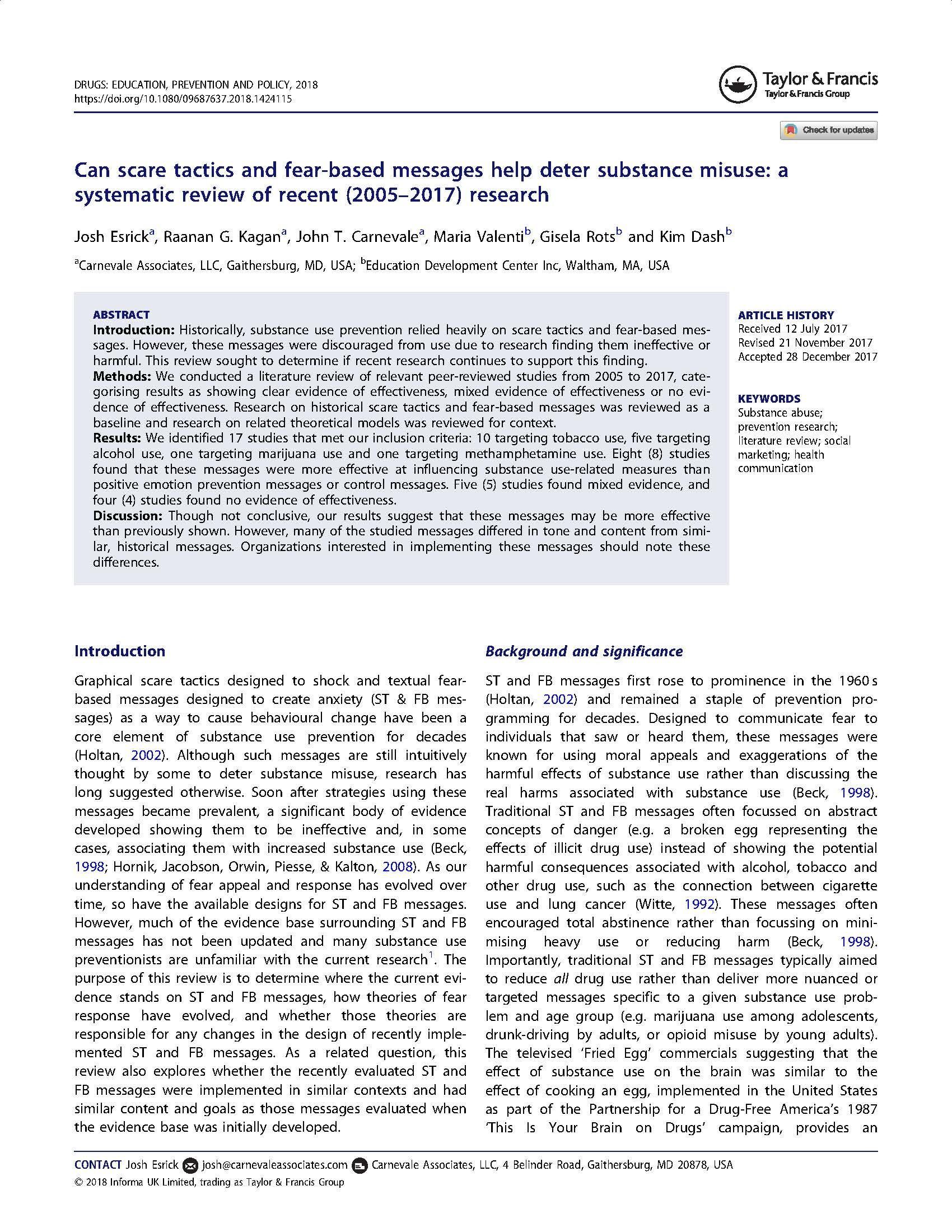 Can Scare Tactics and Fear-Based Messages Help Deter Substance Misuse: A Systematic Review of Recent Research (2005–2017)