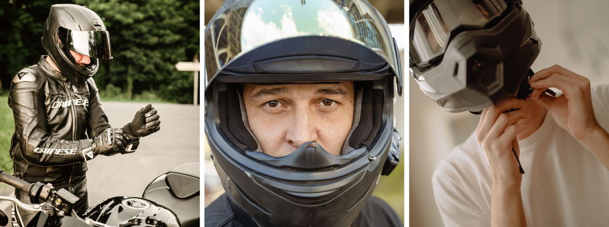 Collage of three motorcyclists wearing helmets.