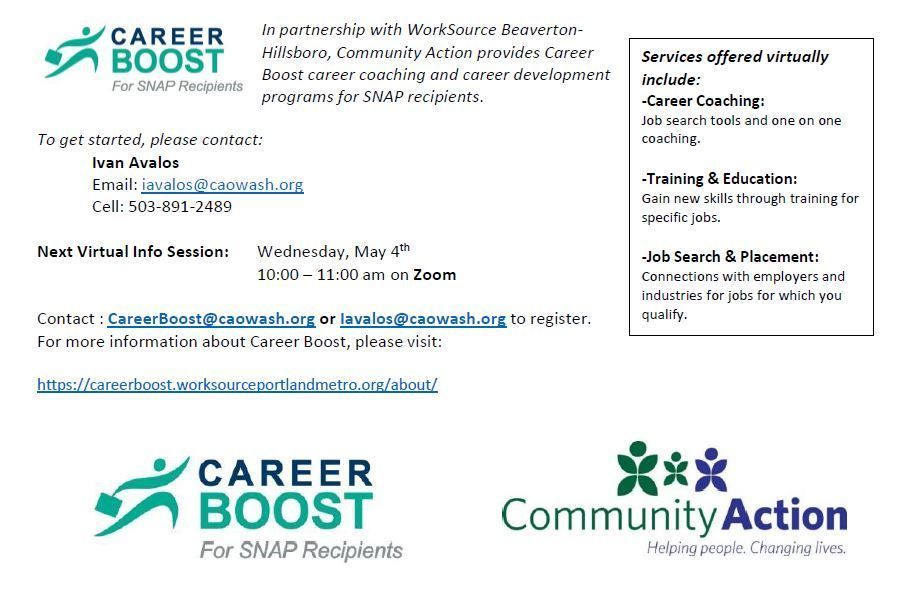 Flyer with more information on Career Boost. Contact CareerBoost@caowash.org or iavalos@caowash.org to register.