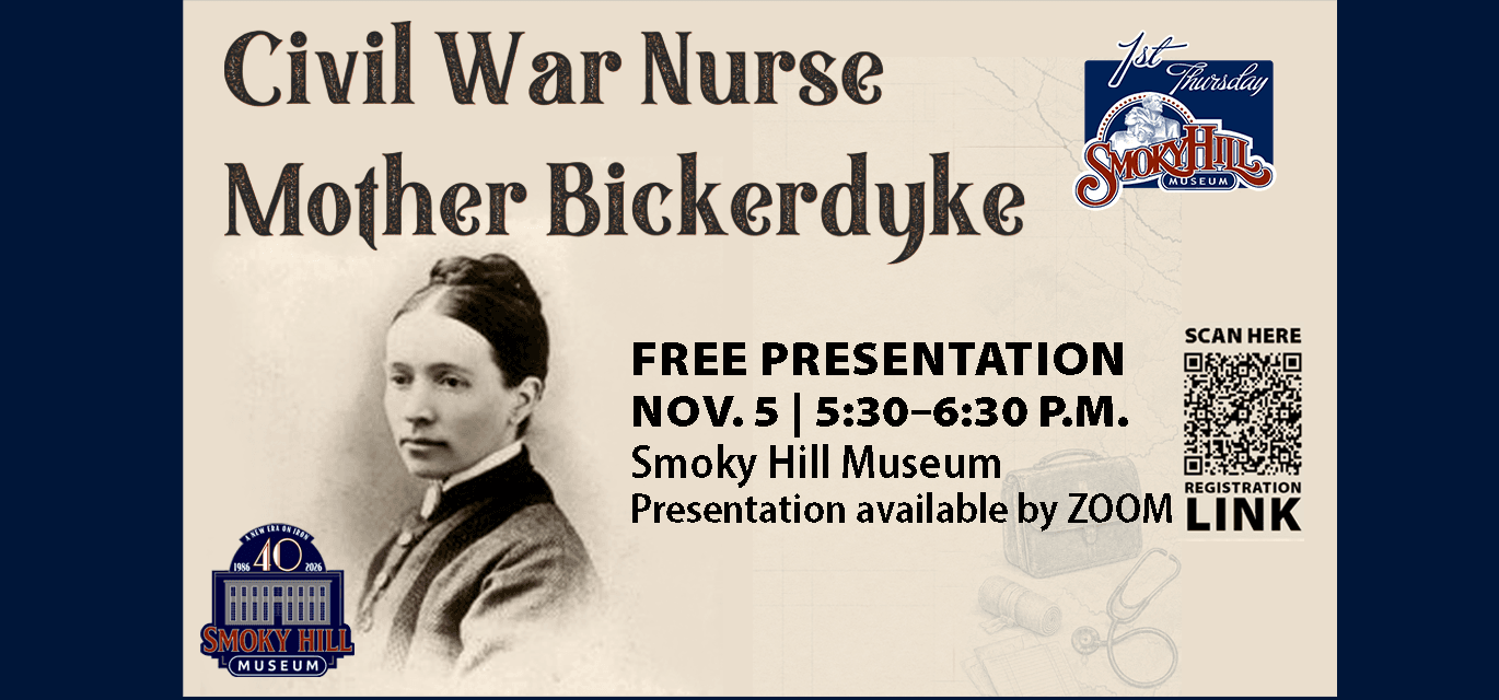 black and white portrait of Mother Bickerdyke and information about the November First Thursday program.