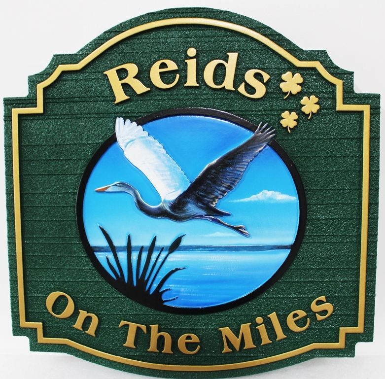 L21606 - Carved Coastal Home Sign, "Reids - On the Miles” , features a Large Egret in Flight