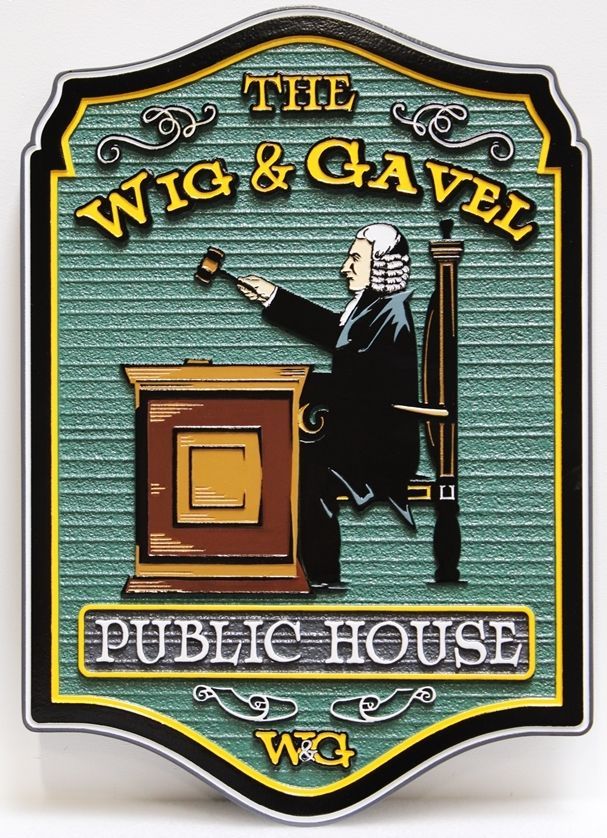 RB27535 - Carved 2.5-D Raised Relief and Sandblasted Wood Grain HDU  Sign for the "Wig & Gavel" Public House with a Judge and Gavel as Artwork