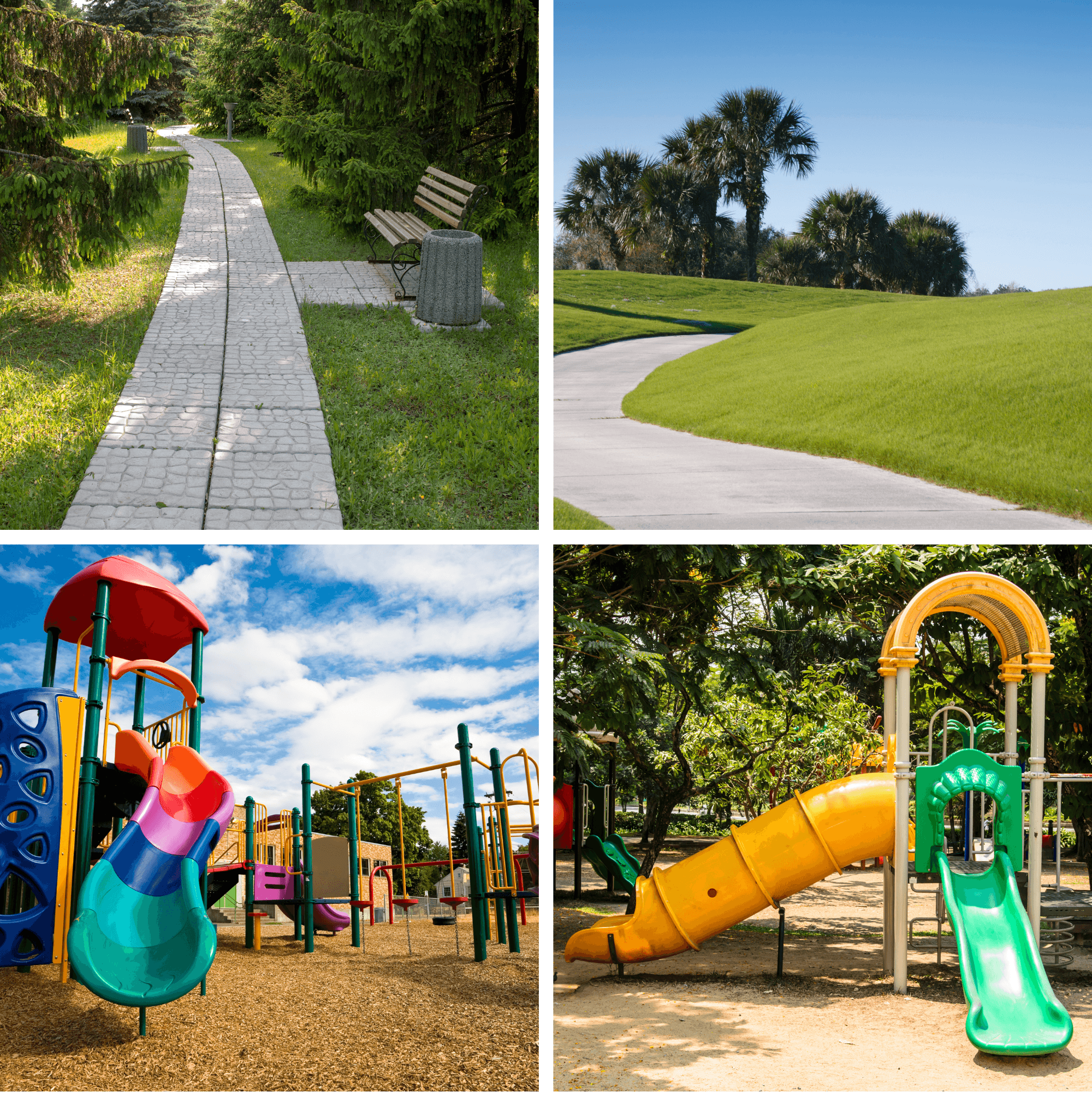 An exposed bike trail vs on in the shade, a sunny playground vs one with trees.