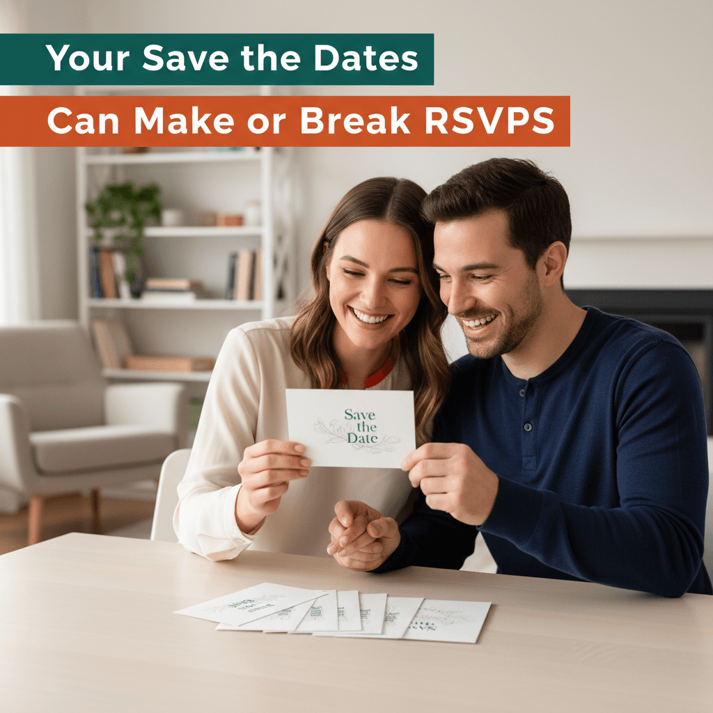 Couple holding a Save the Date Card for their widdings
