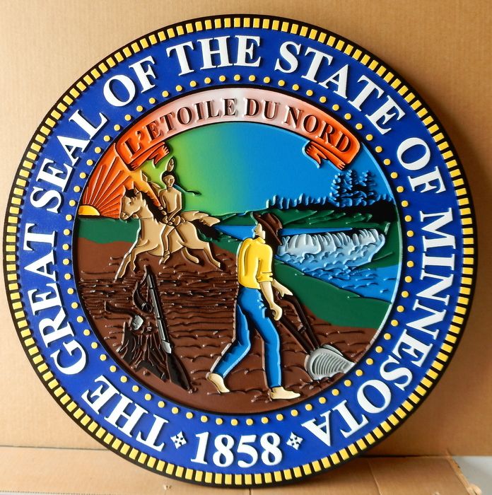 BP-1265- Carved Plaque of the Great Seal of the State of Minnesota, Artist Painted