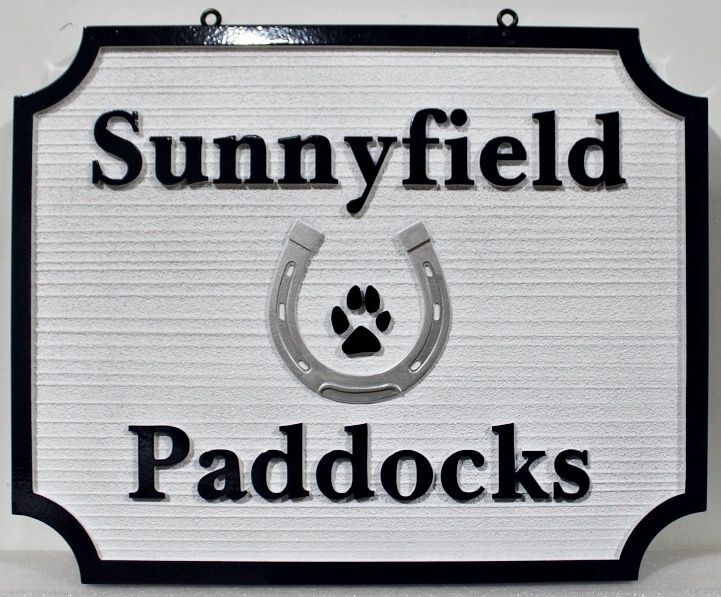 P25356 - Carved and Sandblasted HDU Sign for "Sunnyfield Paddocks" with Artwork