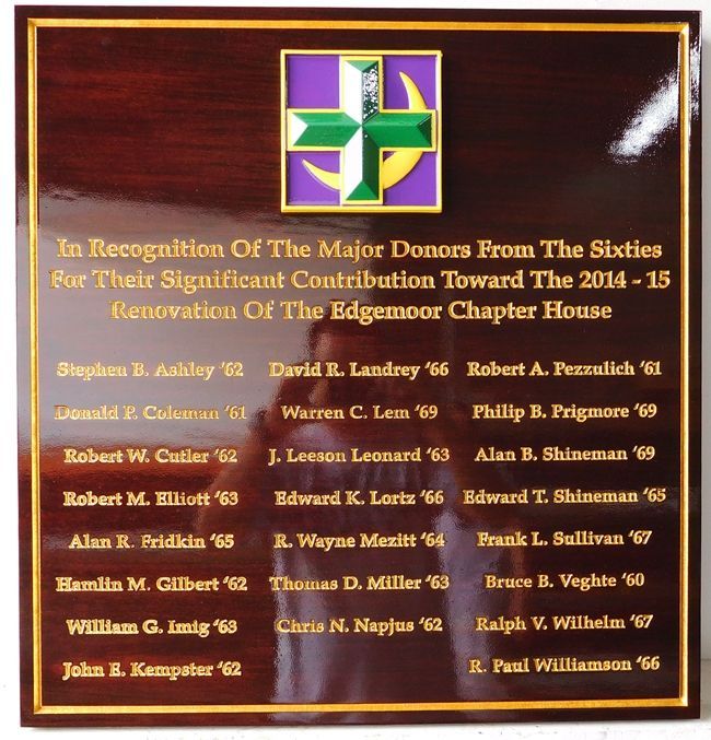 SB1390 - Donor Plaque for Lambda Chi Alpha Fraternity Alumni, Cornell University, Ithaca, New York, Carved in African Mahogany with 24K Gold-Leaf Gilded Text