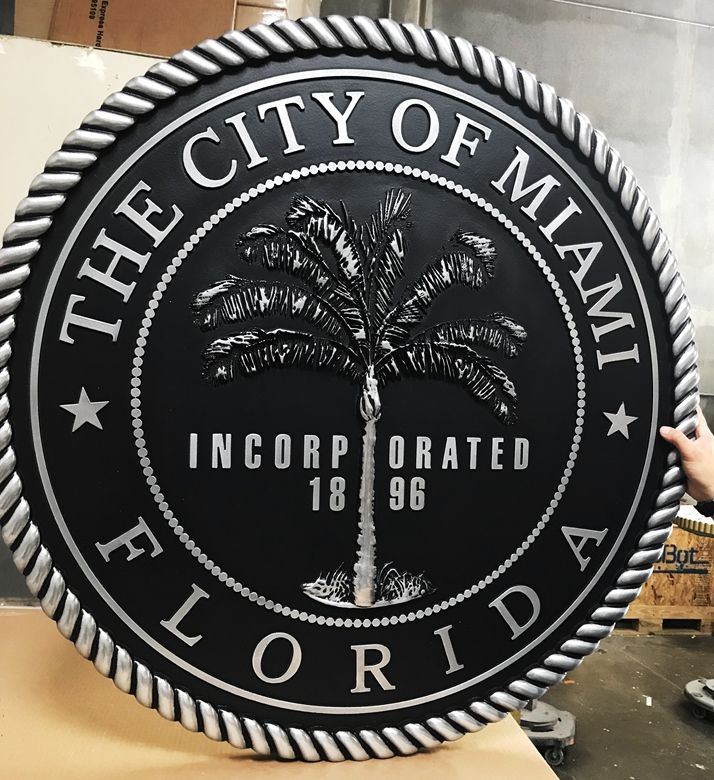 DP-1654 - Carved Plaque of the Seal of the City of Miami, Florida,  Aluminum-Plated & Hand-Rubbed Black Paint