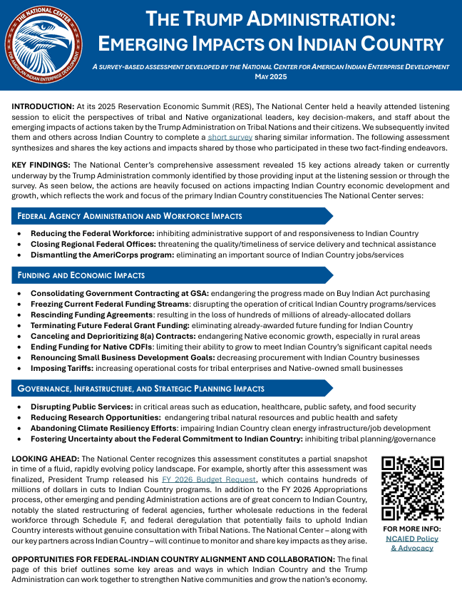 The National Center Releases Assessment of Impacts of Administration Policy on Indian Country