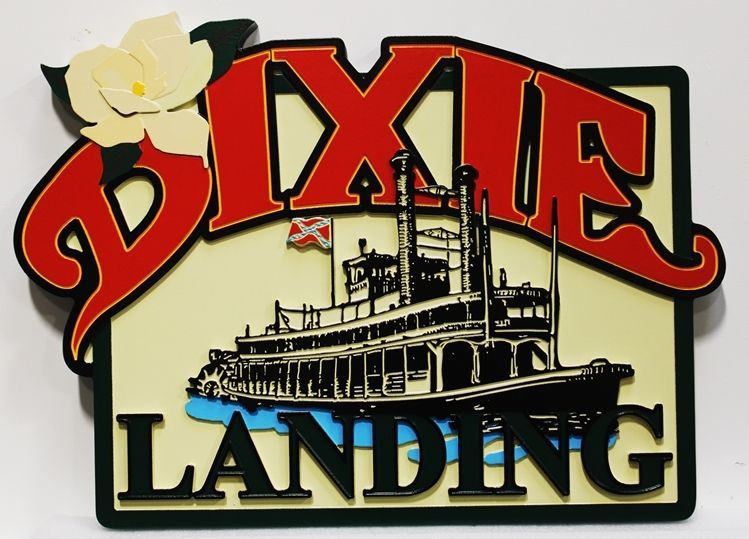 F15338 - Carved 2.5-D Multi-Level Raised Relief HDU   Entrance  Sign for Dixie Landing, with a Sternwheel River Boat as Artwork 