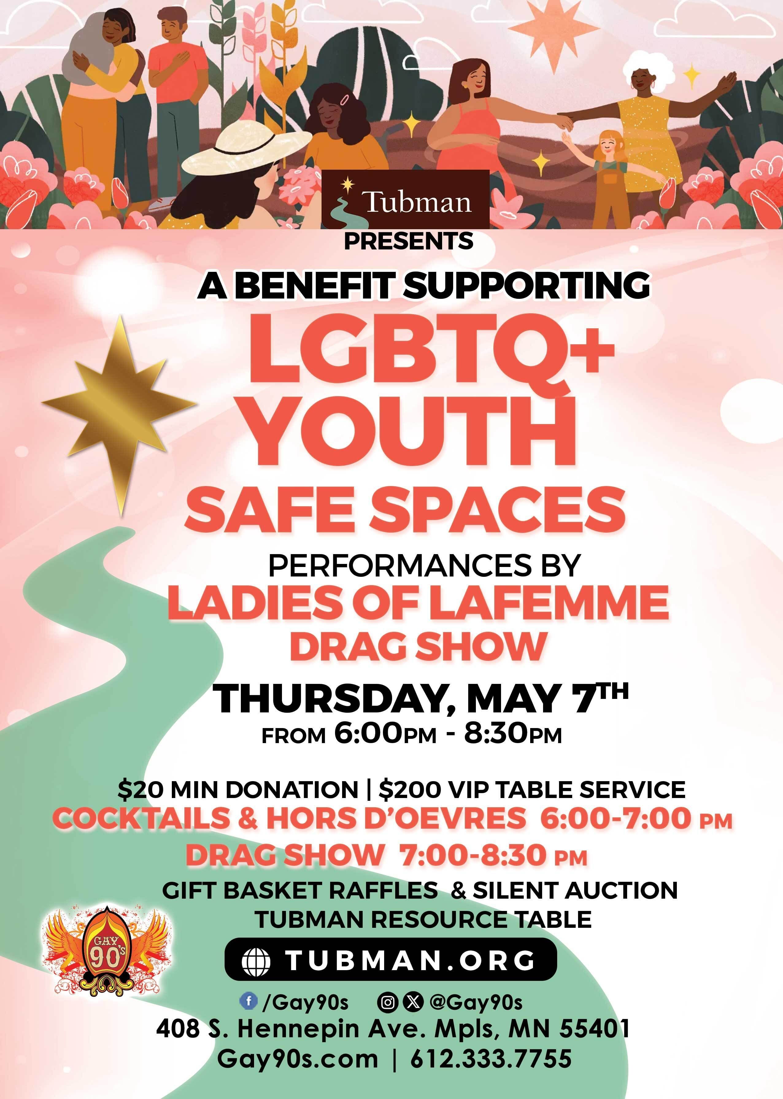 Multicolored flyer for Gay90s benefit supporting LGBTQ+ youth safe spaces on May 7th 2026 at 6pm