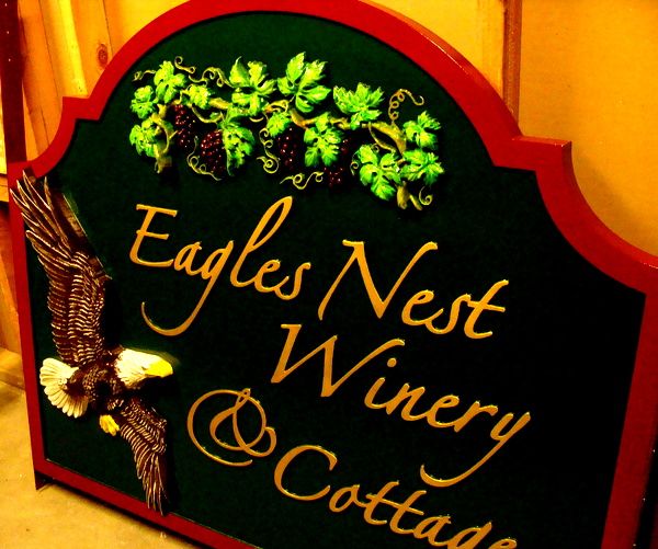 R27063 - Carved 3-D Sign "Eagle Nest Winery and Cottages" with 3-D Bas-Relief Carved Eagle and Grape Vine with Leaves and Grape Clusters 