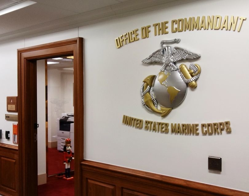 M7107 - Carved 3-D Globe and Anchor Brass and Aluminum-Plated Plaque and Letters  for the Pentagon Office of the Commandant of the Marine Corps