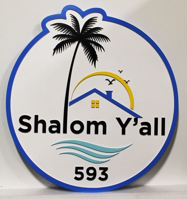 L21134 - Carved Beach House Sign, "Shalom Y'all" , with a Stylized Palm Tree, Home and Sea as Artwork