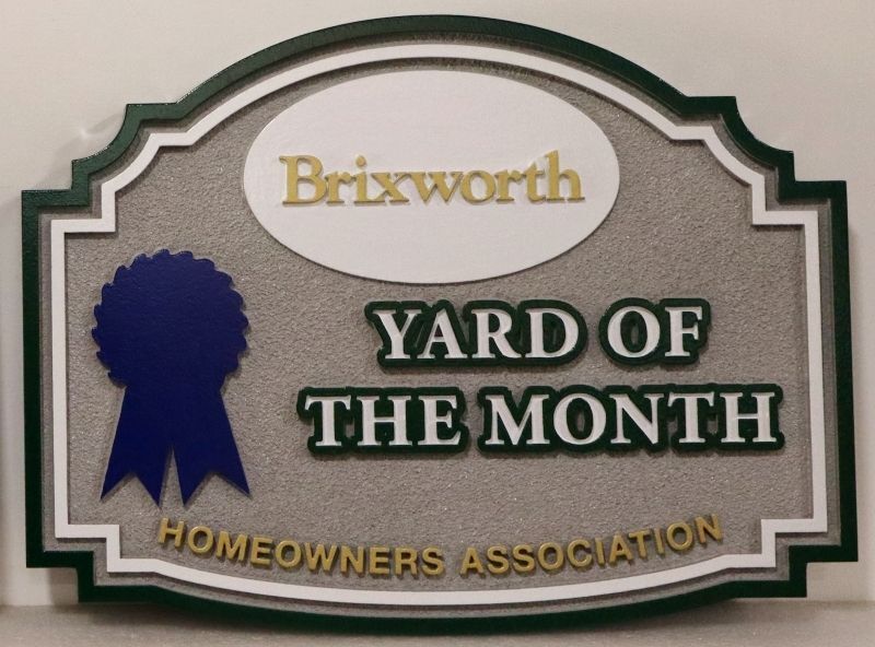 KA20970 - Carved High-Density-Urethane (HDU)  Yard of the Month Sign for the Brixworth Homeowner's Association (HOA)