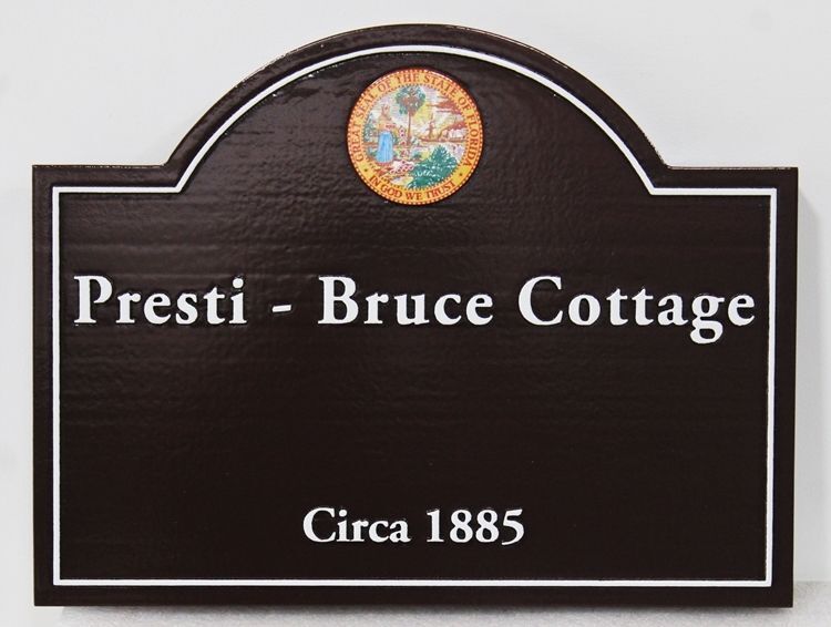 M22041A - Carved 2.5-D  HDU Property Name Sign "Presti-Bruce Cottage"
