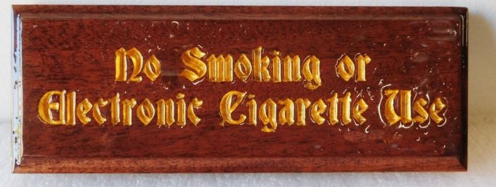 RB27705 - Carved  stained Western Red Cedar  "No Smoking or Electronic Cigarette Use" Sign, 2.5-D Engraved with Old English Artist-Painted Gold Text 
