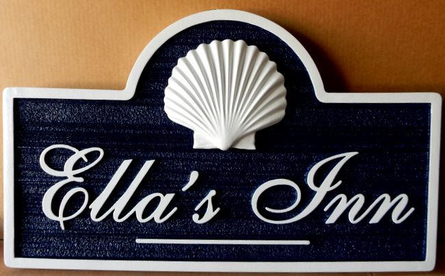 T29125 - Carved  and Sandblasted Wood Grain HDU Sign for"Ella's Inn", with 3-D Carved Seashell as Artwork 