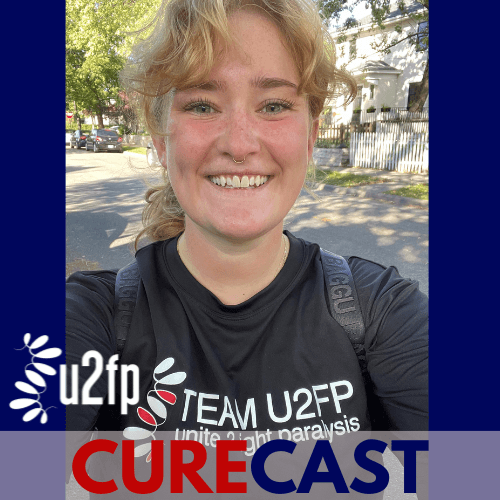 CureCast graphic with woman smiling directly at camera