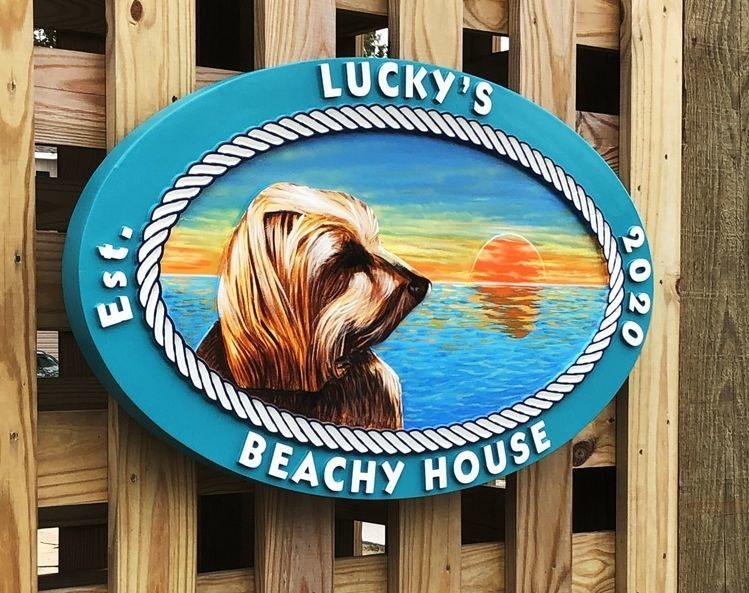 L21059A -  - Carved  2.5-D Multi-level relief HDU beach House Name Sign "Lucky's Beach House", with Dog's Face and Setting Sun over the Ocean 