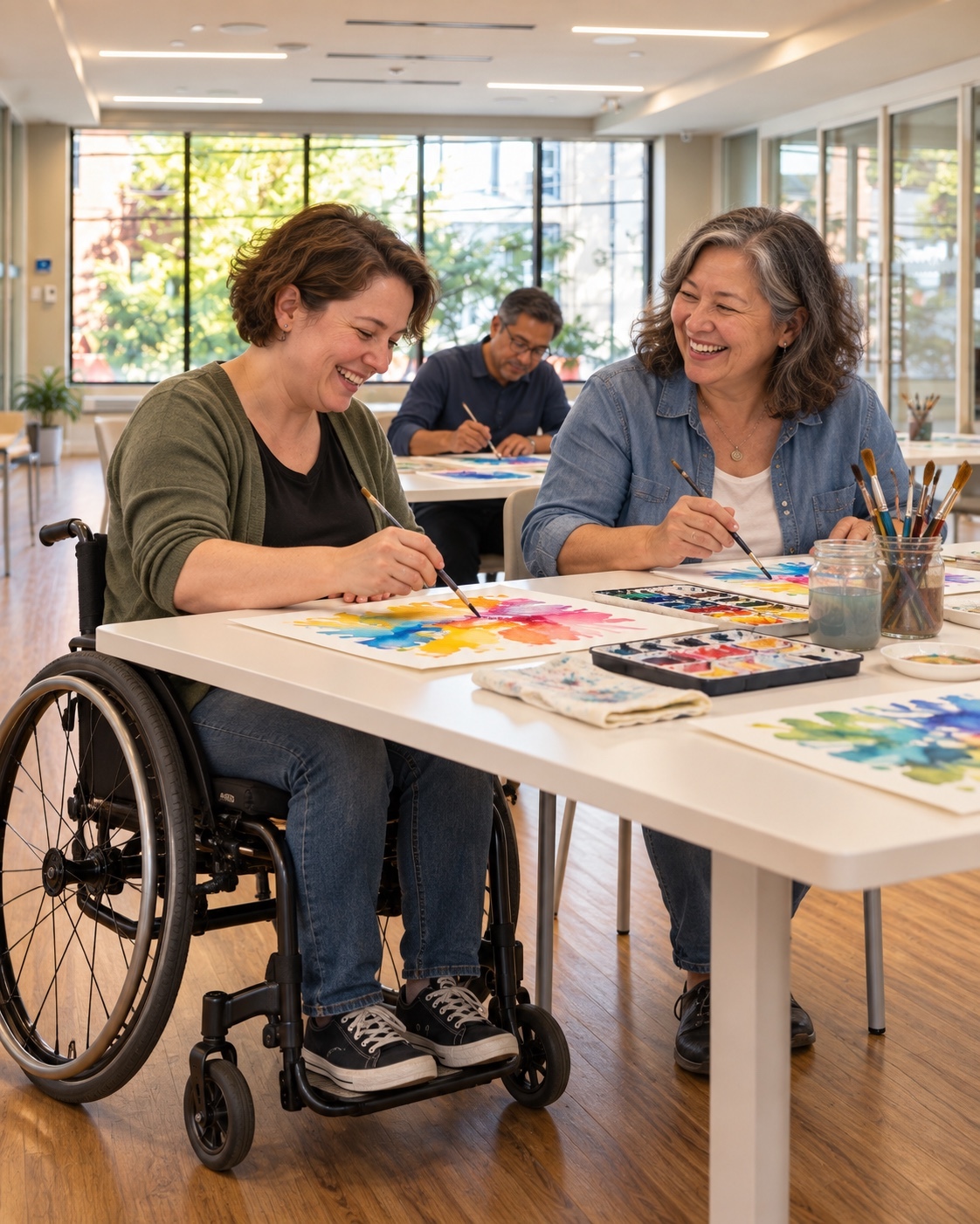 Illustration of an adult wheelchair user making art alongside other participants at Beaches Sandbox.