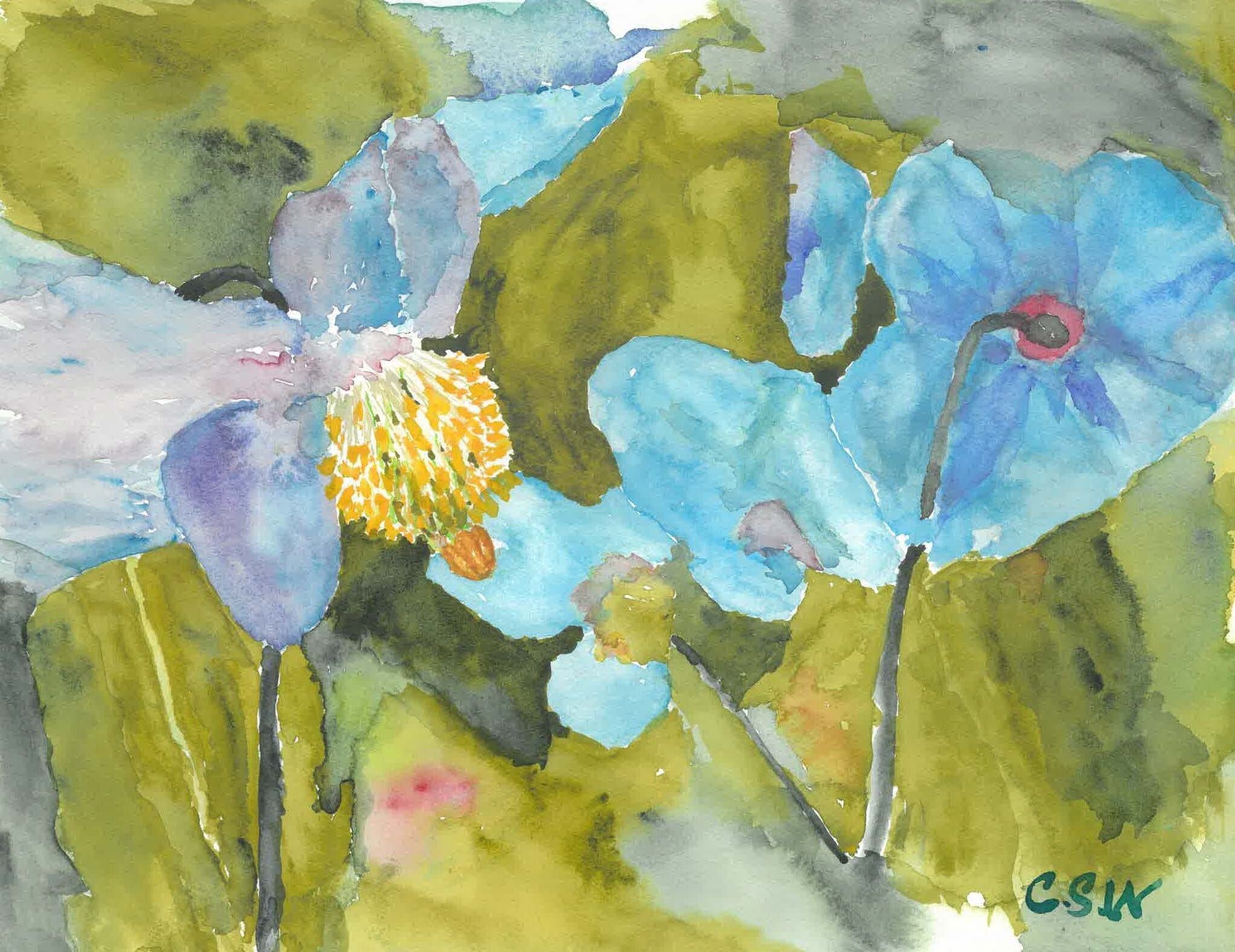 watercolor painting of blue house reflected in the water 
