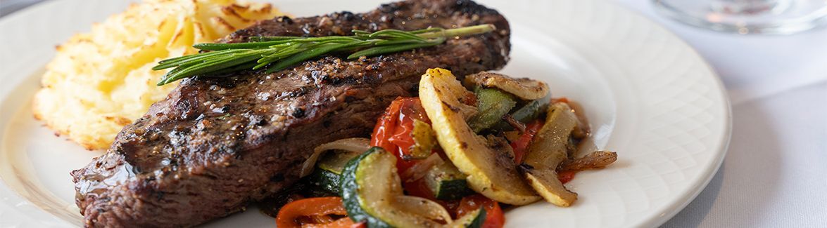 Image of steak on a plate with garnish