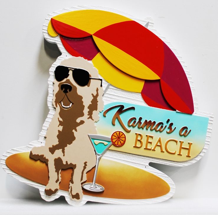 L21069 - Carved Beach House Sign "Karma's a Beach" , , with a Dog with Sunglasses, a Drink and Surfboard under an Umbrella as Artwork