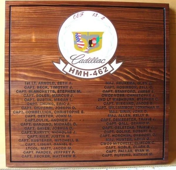 SA7040  - Officer Recognition Plaque honors Marine Officers who Served  in the Marine Heavy Helicopter Squadron 462 (HMH-462)  Engraved in Cedar Wood