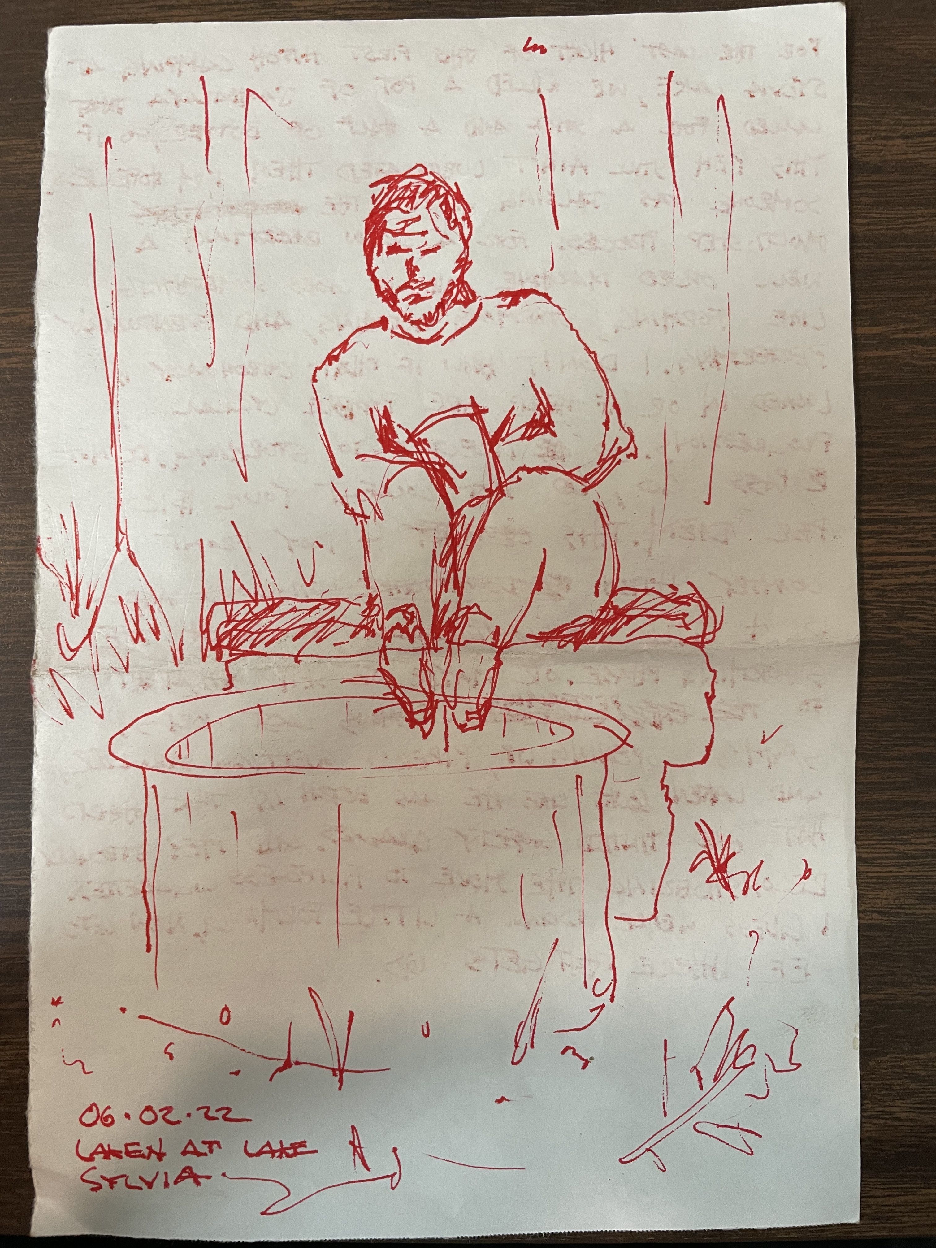 A red pen drawn sketch of a crew member sitting at a Fire Ring.