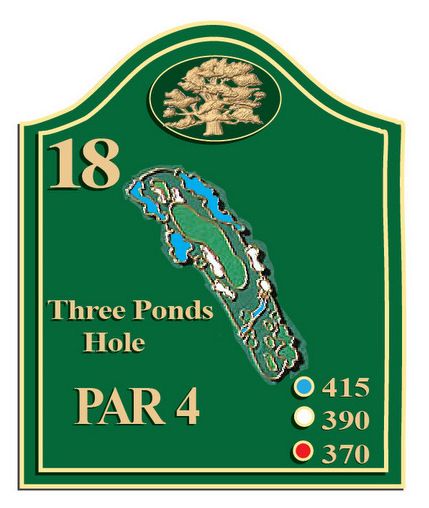 E14311 - Closeup of Carved HDU Tee Sign with Carved Oak and Tee, Fairway & Green Map