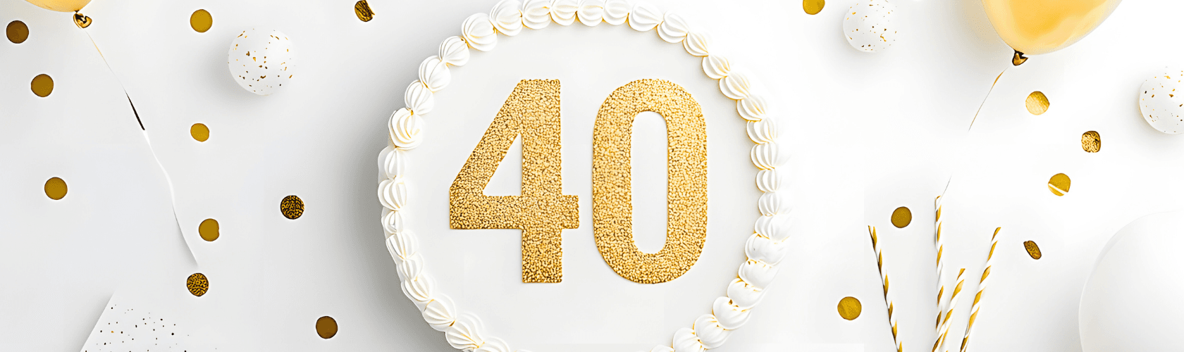 Image shows white balloons and yellow and pink stars with gold balloons depicting the numbers 4 and 0