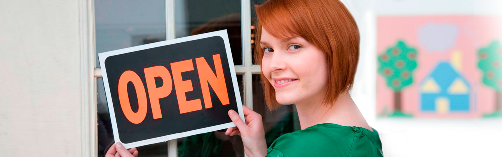 Woman with open sign on door