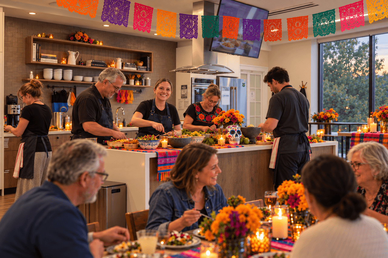 Adults preparing and sharing a festive meal for Día de los Muertos.