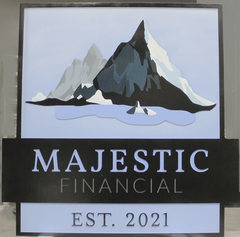 C12138- "Majestic Financial" High-Density-Urethane (HDU) Sign Carved in 2.5-D Raised and Engraved Relief