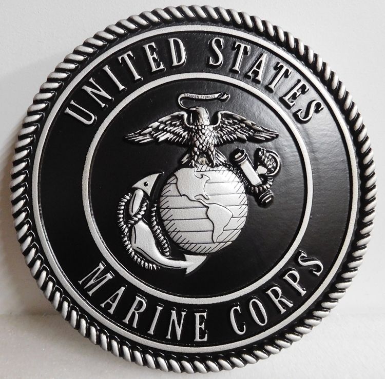 KP-1140  - Carved Emblem of the US Marine Corps ,3D Painted Metallic Silver and Hand-rubbed Black