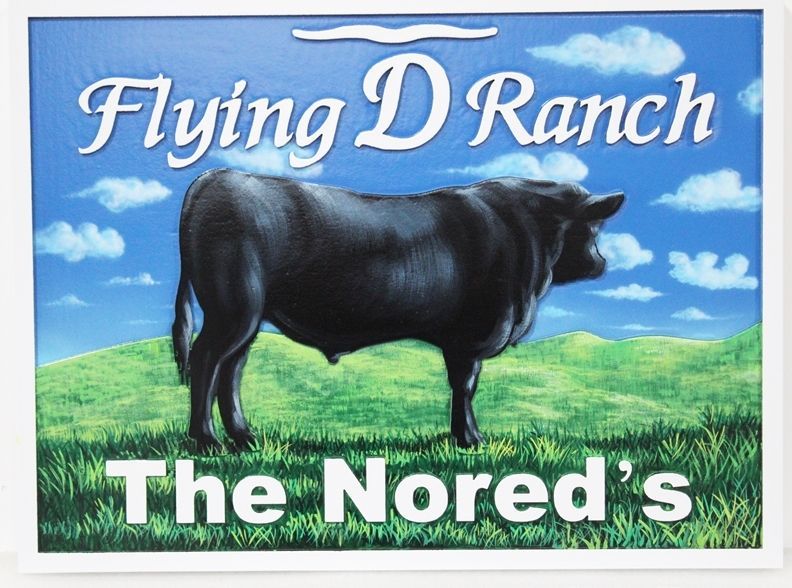 O24107 - Carved 2.5-D  Raised Relief  HDU Sign for the Flying D Ranch (The Nored's), with an Artist-Painted  Angus Bull 