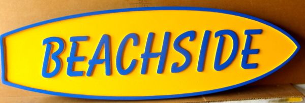 L21717 – Carved 2.5D HDU Beach House Sign “Beachside”, in Shape of Surfboard